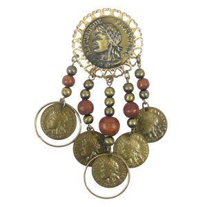 Faux Coin Republique Francaise Brooch 3.8 in Pin Goldtone Dangle Vintage FLAW